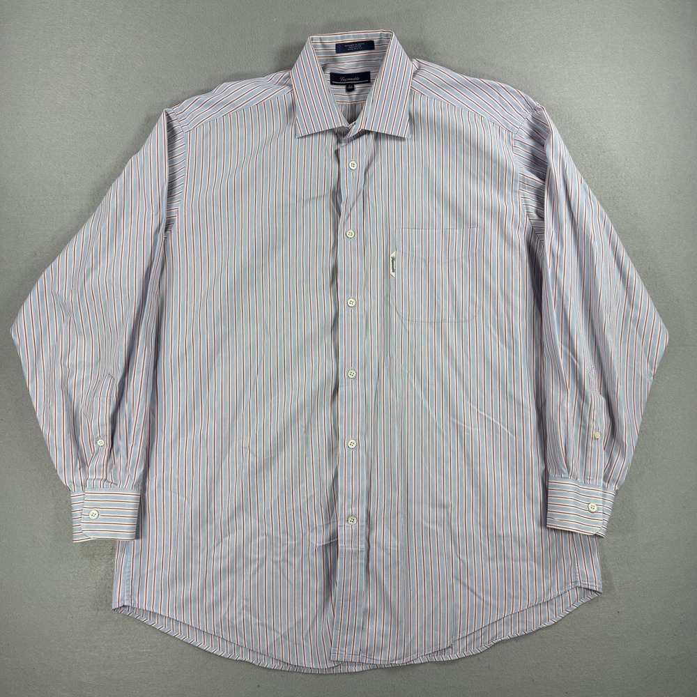 Faconnable Button Down Shirt Mens 17.5 Large Blue Red Striped Long Sleeve USA